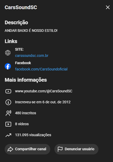 Print do canal CarsSoundSC com mais de 131 mil visualizações